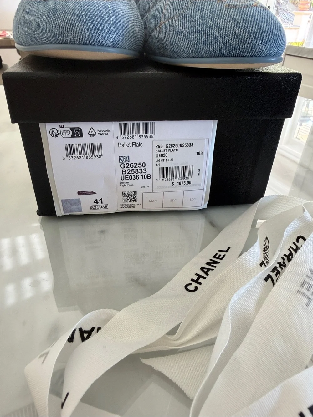 CHANEL Light Blue Quilted Denim Ballet Flats with Bow